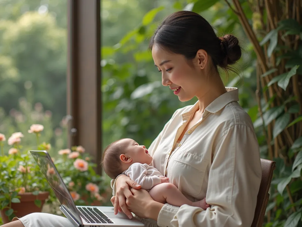  Extremely high resolution details , photographic, Realistic photo, hyper-realistic, fullhd, masterpiece,  breasts very very small , Breastfeeding mom at work,  outdoor