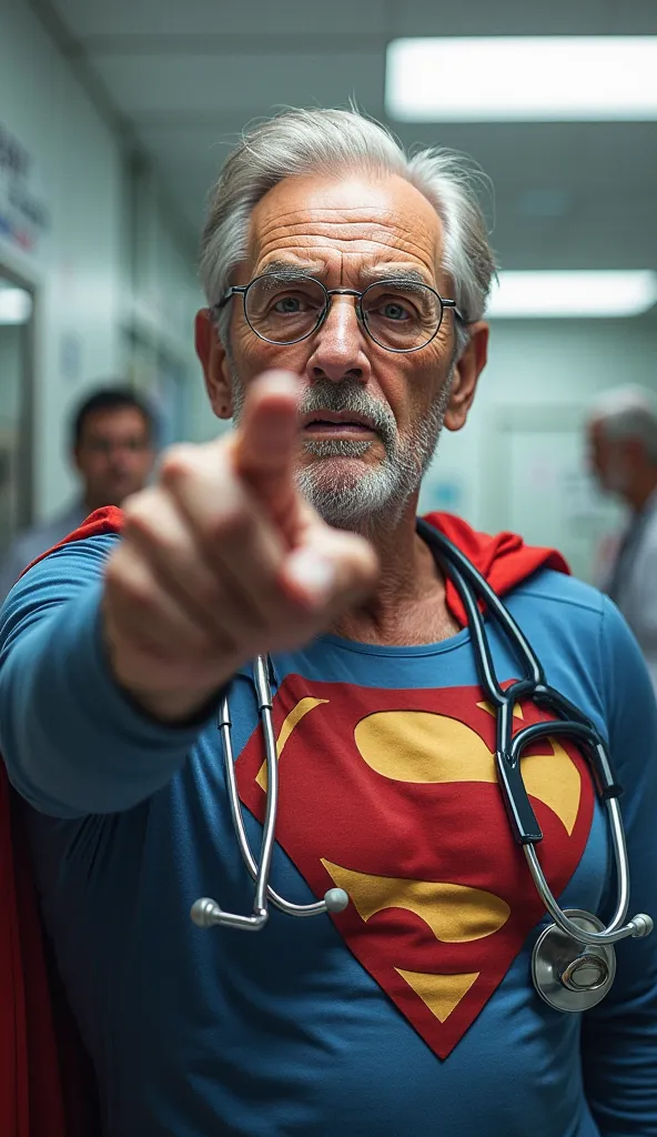 A hyper-realistic digital illustration portrays an elderly man with the appearance of a superhero, dressed in the Superman costume, with a stethoscope around his neck in a hospital setting.

The composition of the image focuses on the elderly man, position...