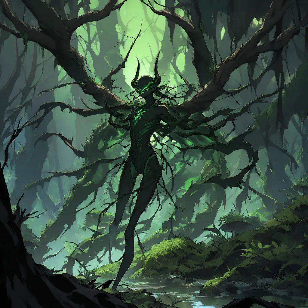 Tall and slender humanoid, body made of intertwined black creepers, skin of bark twisted with moss growing in cracks, glowing eyes in a spectral green, horns curved like dry branches, long arms with spike-sharp fingers, irregular silhouette that seems to b...