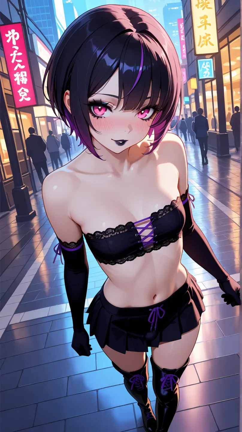 Masterpiece, best quality, atmospheric lighting. A thin, Caucasian, feminine person with short black hair and purple highlights. They are standing on a city street. Black tube top with a purple lace trim. Black skirt. Black knee high boots with purple lace...