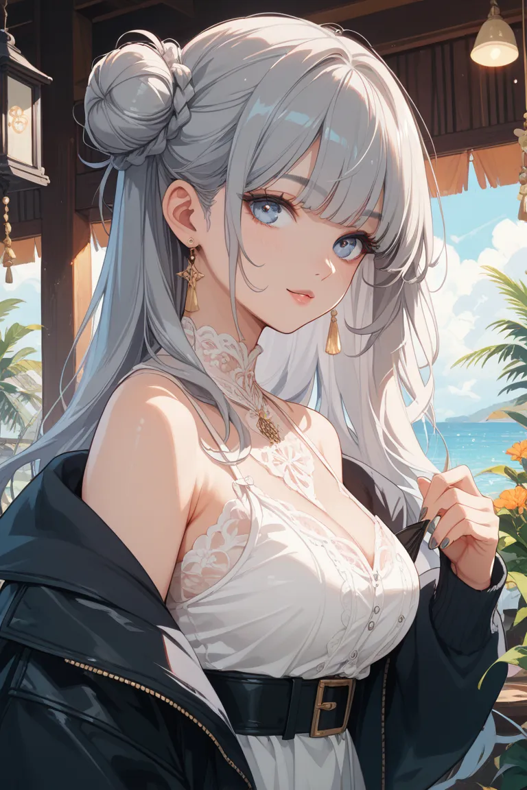 Gray Hair　long hair　Side bun　Fisherman　girls