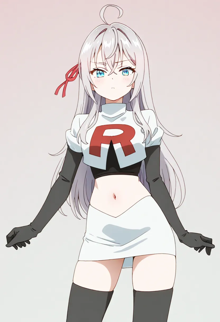 masterpiece, best quality, amazing quality,
1girl, solo, looking at viewer, gradient background, 
long hair, silver hair, ahoge, crossed bangs, red hair ribbon, sidelocks, blue eyes,
team rocket,team rocket uniform,white skirt,red letter R,crop top,black t...