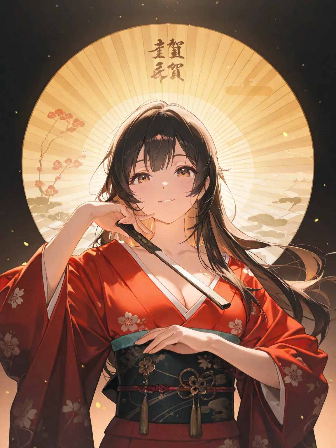 masterpiece, top quality,  in beautiful image quality ,  character emphasis , One person, upper body, long hair,  kimono, Japan,,In a pose with a fan, dynamic angle,  Ancient Kyoto