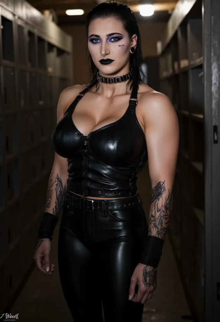 RheaRipley, black hair and black makeup, in the locker room,sideview, black leather clothes big Breasts, 