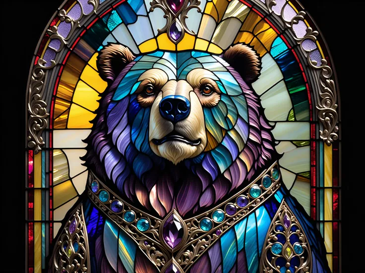 Three primary colors , like a movie, Close up of a stained glass bear, Baroque, Claora, Highly Detailed Stained Glass, amethyst crystal, Iridescent Labradorite Crystals,  Andy Kehoe , John Blanche, intricate and highly detailed background,  fantasy,  filig...