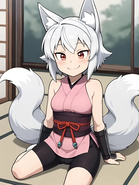 1 girl, Kitsu, white hair, short hair,  fox ears, Red Eyes, Two fox tails, (2 tails), both sides, black shorts, bike shorts, Pink Kimono, sleeveless, arm guards,

sitting on the floor, happy,

masterpiece, best quality,great quality, very aesthetic, Absard...