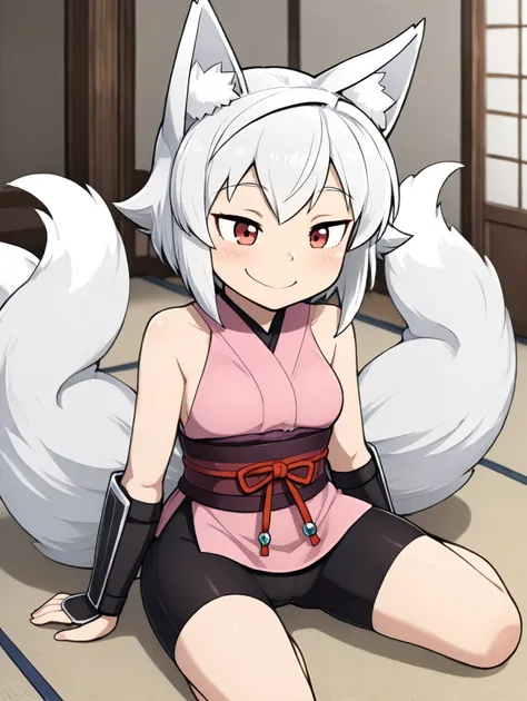 1 girl, Kitsu, white hair, short hair,  fox ears, Red Eyes, Two fox tails, (2 tails), both sides, black shorts, bike shorts, Pink Kimono, sleeveless, arm guards,

sitting on the floor, happy,

masterpiece, best quality,great quality, very aesthetic, Absard...