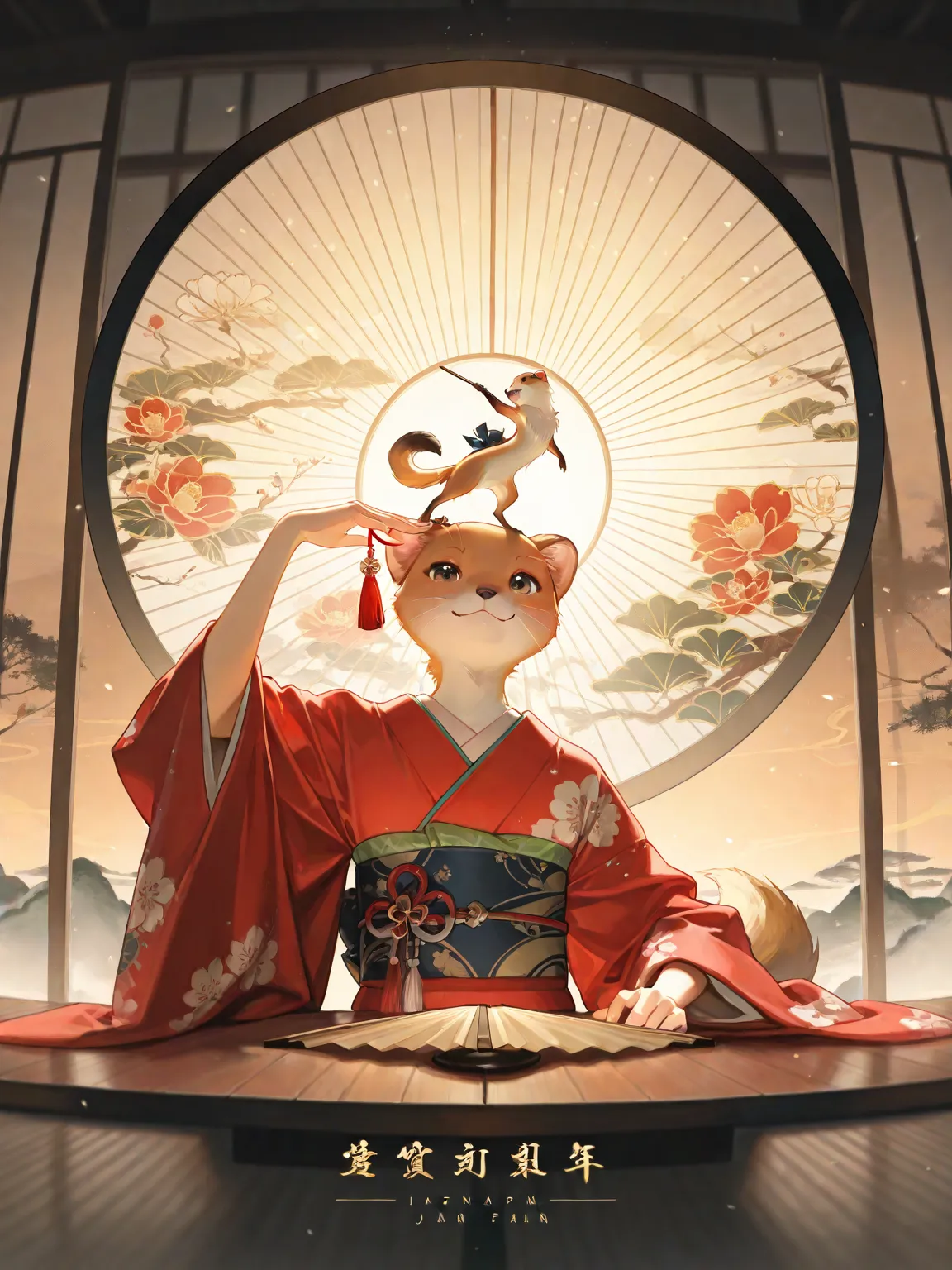 masterpiece, top quality,  in beautiful image quality ,  character emphasis , One person, upper body,  kimono,  Weasel, Japan,,In a pose with a fan, dynamic angle,  Ancient Kyoto