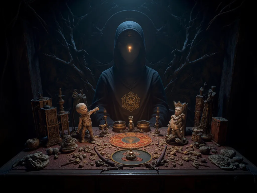 dark magic, without a person, modern witchcraft,  witchcraft table, magical power energy, witch attributes and figurines,  Magic symbols , 8k,  mystical atmosphere,  magical atmosphere, ultra details,