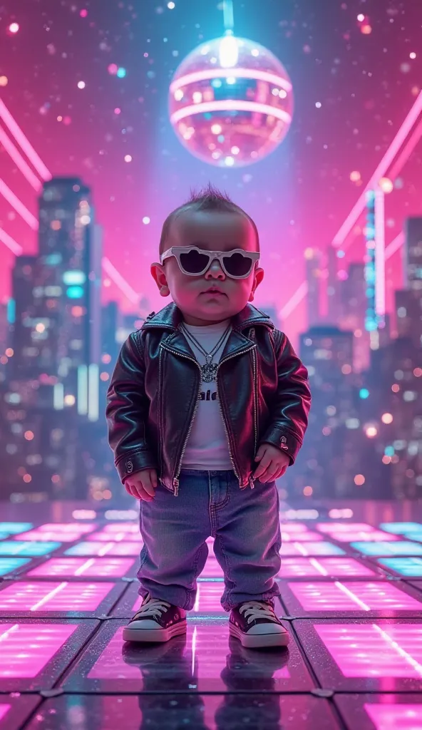 Image Prompt: A chubby baby with a tiny leather jacket and star-shaped sunglasses stands confidently on a vibrant neon-lit stage. The floor glows with colorful LED panels, and a retro disco ball spins above, casting dazzling lights. The background features...