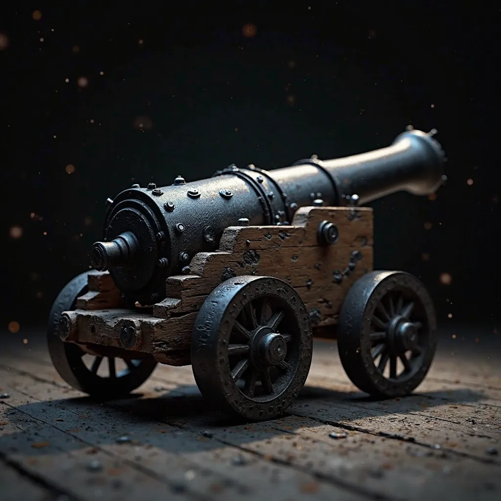 A highly detailed, realistic 3D-rendered image of an antique black cannon with intricate metallic textures, bolts, and rivets, positioned on a rugged wooden carriage with large spoked wheels. The cannon is angled slightly upward, appearing ready for action...