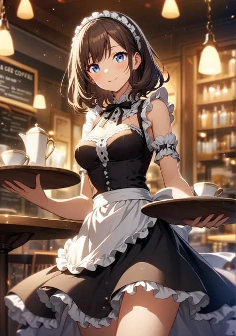 1 girl, Game CG, 
shallow depth of field, a portrait with a soft Gaussian blurred background, creating a dreamy atmosphere, focus on face, from front, 

A charming maid gracefully carries a tray with a cup of coffee in a cozy café. 
She wears an elegant, c...