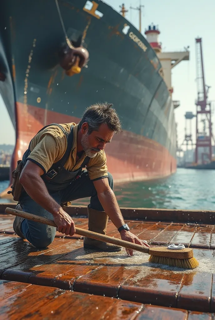 a person washing a container ship with wood 