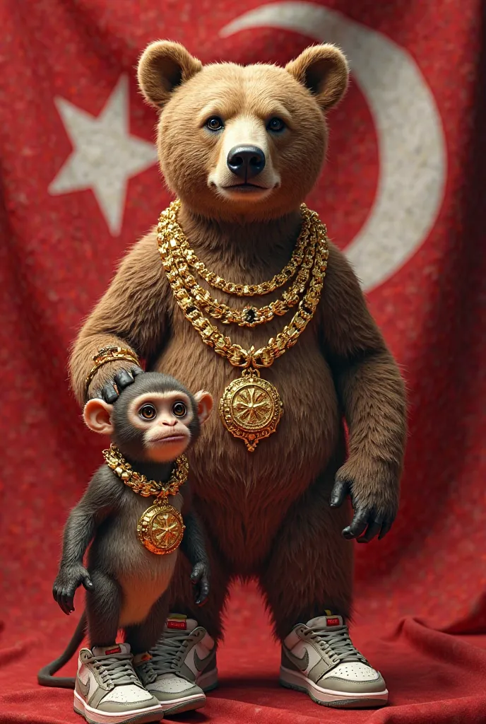 Make a bear with a small monkey next to it. They both wear gold chains and nike shoes place the Türkiye flag in the background