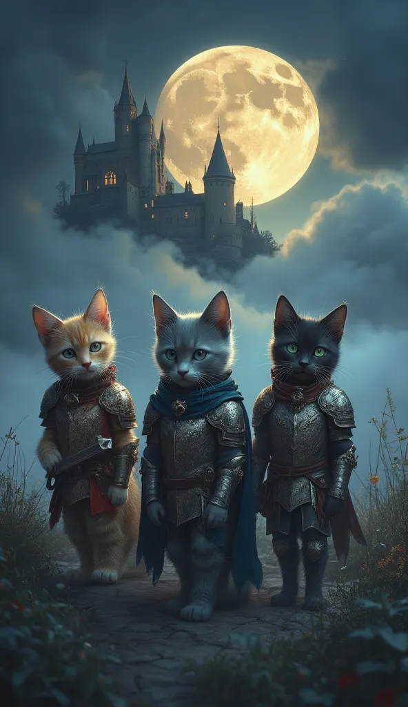 three anthropomorphic kittens, each one wth different color, wearing knight armors arround a fog at nigth, big moon on the sky, medieval castle in far away background 


