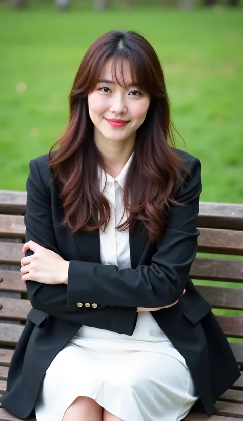 real photo style Japanese woman in her 30s,crossing arms while crossing legs on an outdoor park bench,long brown hair,casual black jacket and white dress,「teeth？kindness？」Eyes that make a fool of me,High Resolution,high quality,natural light,カメラフォーカスteeth人...