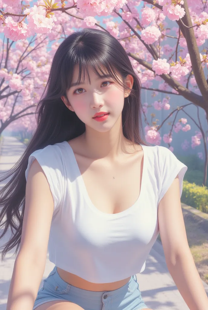 masterpiece, best quality, photorealistic, 1girl, stunning innocent symmetry face, emotional, big breasts, (PureErosFace_V1:0.7), Cherry Blossom Tree Road with beautiful spring, the fluttering cherry blossom leaves, a white sleeveless T-shirt and shorts, s...