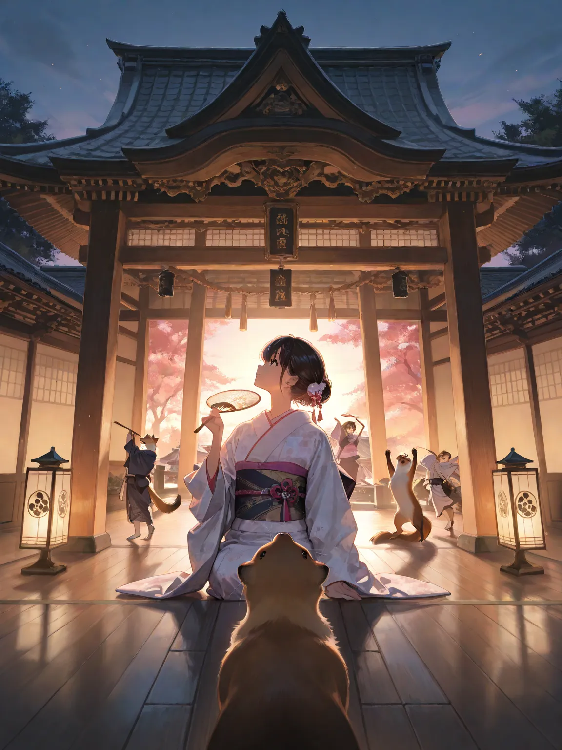 masterpiece, top quality,  in beautiful image quality ,  character emphasis , One person, upper body,  kimono,  Weasel,  Japanese Castle,,In a pose with a fan, dynamic angle,  Ancient Kyoto