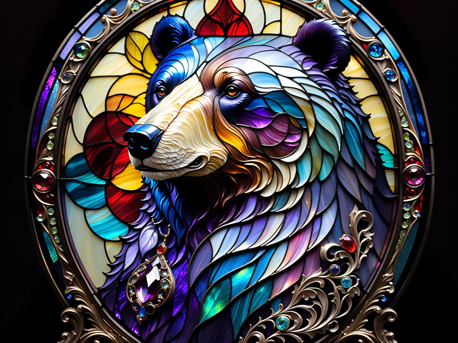 Three primary colors , like a movie, Stained Glass Bear, Baroque, Claora, Highly Detailed Stained Glass, amethyst crystal, Iridescent Labradorite Crystals,  Andy Kehoe , John Blanche, intricate and highly detailed background,  fantasy,  filigree ,  filigre...