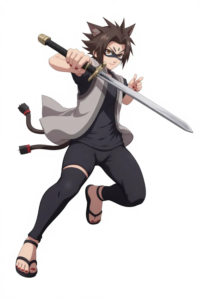 A boy with spiky brown hair,with a cat's ear mask,three stripes on the cheeks,dark gray t-shirt with light gray vest,black panties with a thigh band,with black sandals with toes out and the rest of the ankle covered, using a sword 