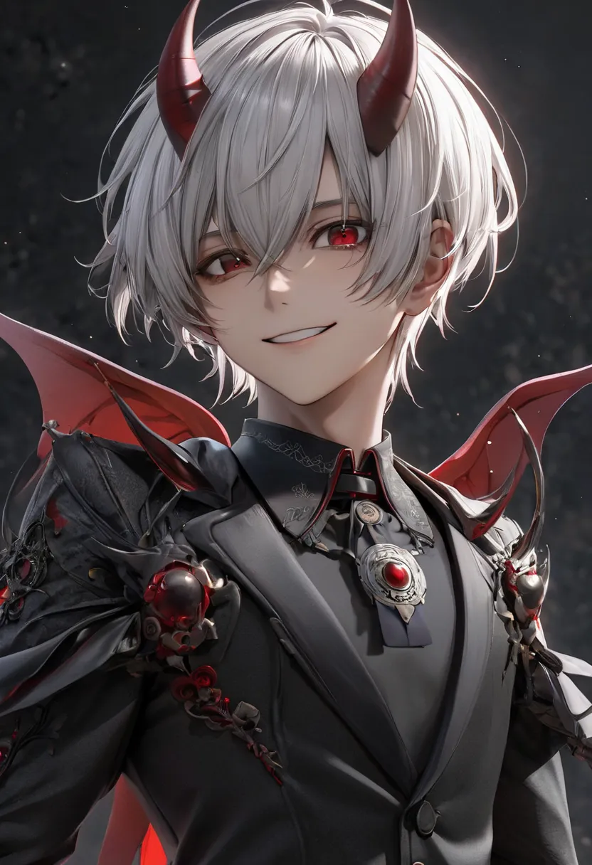 tailored to perfection. The black garments complement his sharp features and confident posture, adding to his air of mystery and grace. masterpiece. 4k. 3D. Red eye. cartoon. Japan cartoon
short hair. dark background. short and good hair, white hair. a moo...