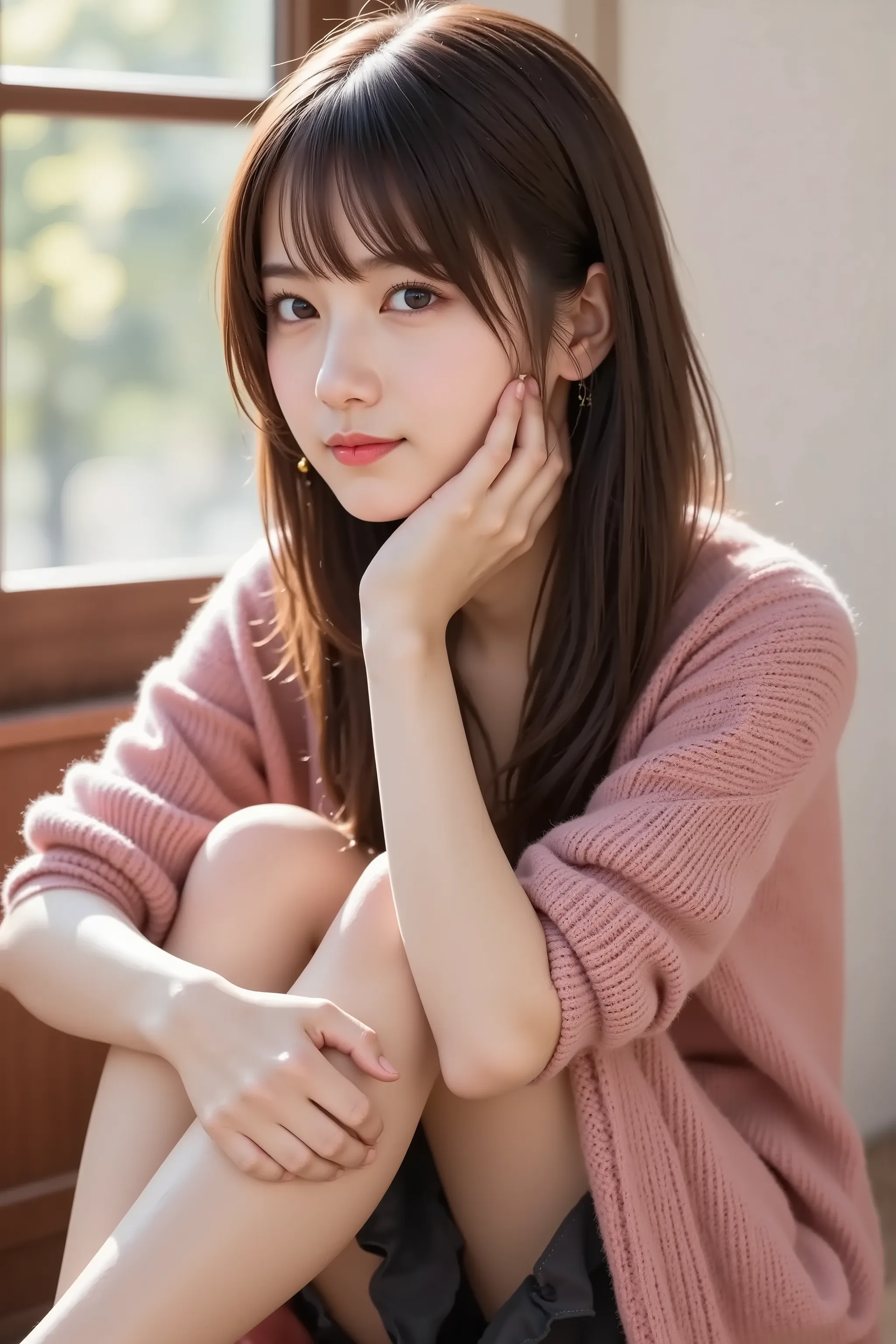 The face is positioned exactly in the center of the image , sitting on the floor hugging knee , 's entire head is fully reflected , Face clearly visible, bungs, smile, Young and cute Japanese faces , Hi-Res CG Unity 8K Wallpaper, very detailed, film grain ...