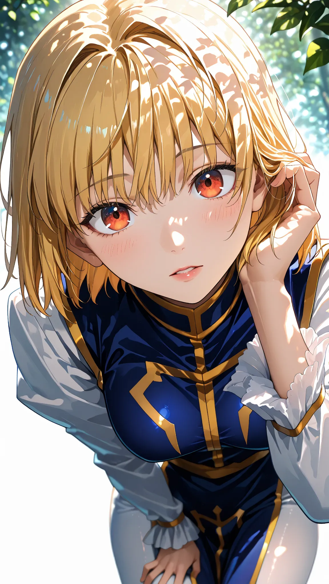 masterpiece, best quality, amazing quality, very aesthetic, high resolution, ultra-detailed, absurdres, newest, 1boy, solo, Kurapika, (kurapika costumes),blue tabard, flat breasts, thick thighs, head tilt, leaning forward, looking at viewer, parted lips, b...