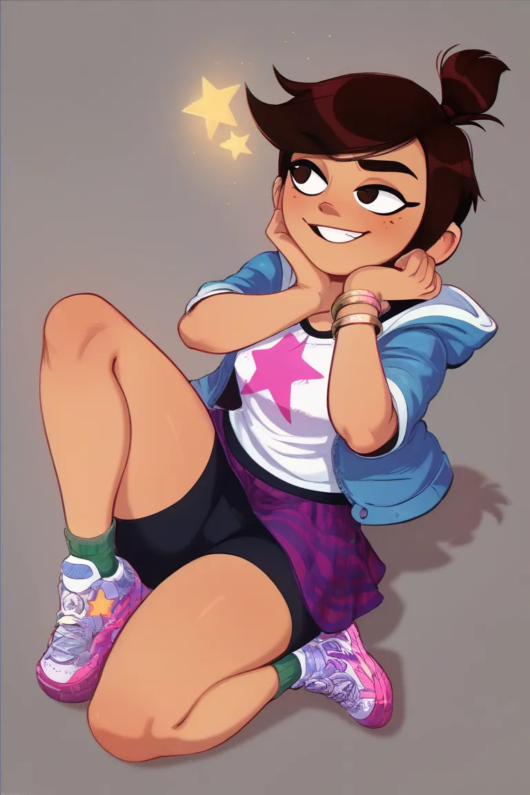 molly mcgee, brown eyes, brown hair, short ponytail,  bracelet, blue jacket, white t-shirt with black hems,  purple striped skirt, black bike shorts,  white and green socks,  pink and yellow sneakers with star decals, huge breast, huge ass