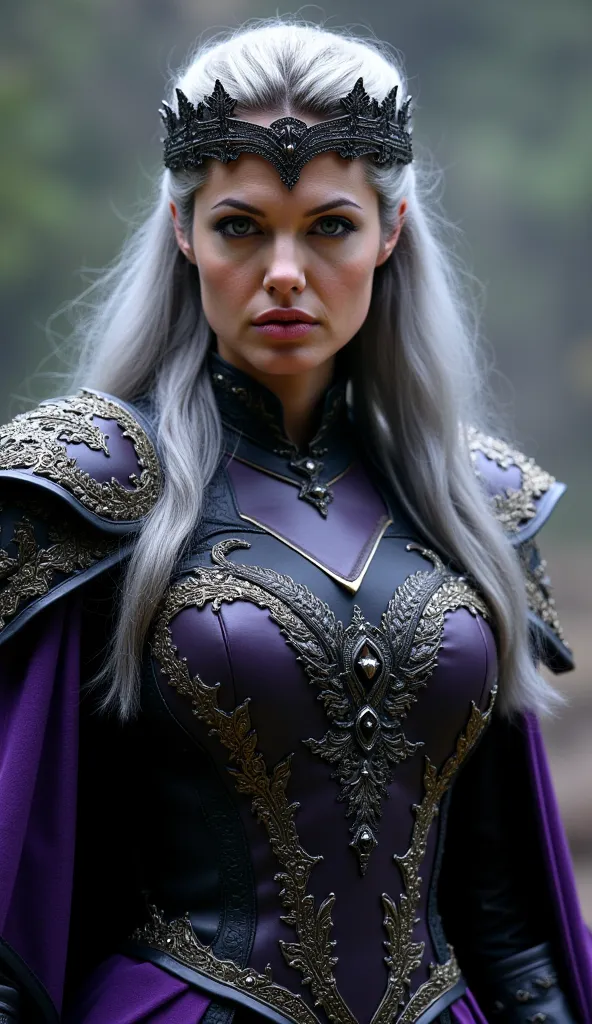 The image depicts an imposing and majestic woman, dressed in detailed armor in shades of purple and black, adorned with gold and silver filigrees.  Her eyes are intense and confident ,  transmitting authority and power . Her long silver hair falls over her...