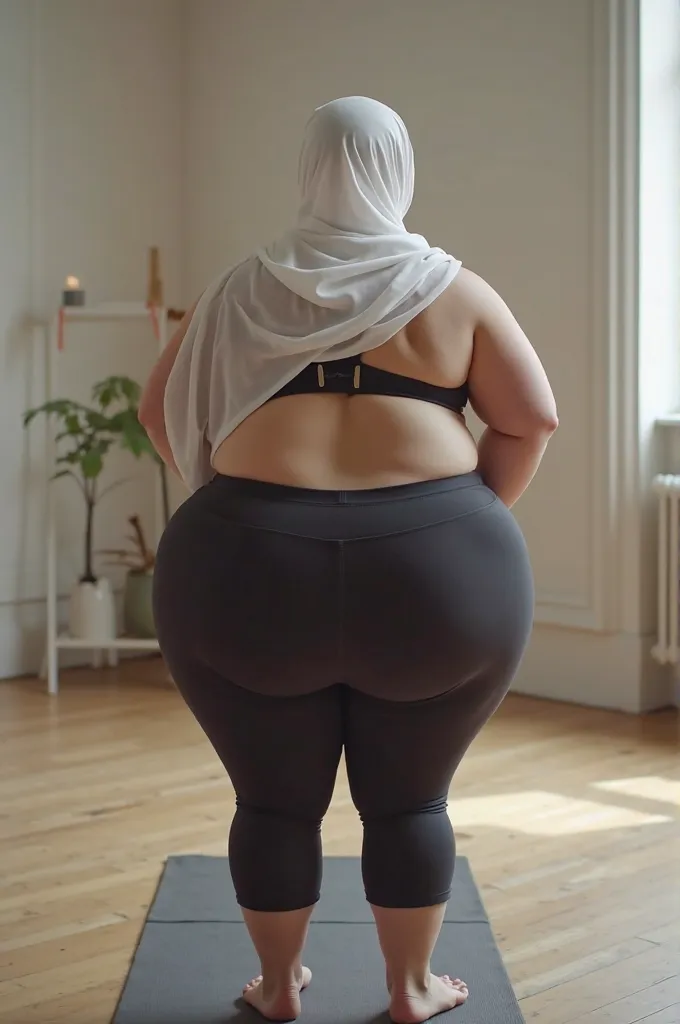 Real photos High-quality Realistic of a very fat hijabi woman wearing white hijab, black bra, black tight thong ,(((very big thighs))), Best Quality, high resolution Full 4K, doing a forward bend yoga pose in a studio setting viewed from behind