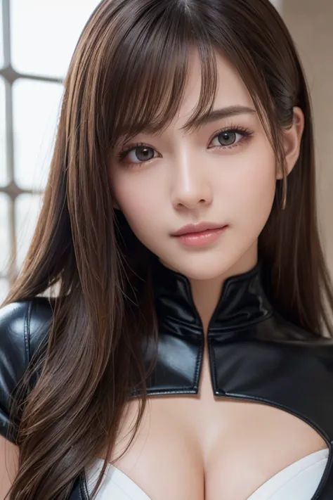  latex bodysuit、Knee-high boots、 face close-up、
Huge 、long brown hair、Shiny, Oily skin、  growing skin  、Indoor competition pool、 white skin、Flying debris,  best quality , Realistic,  very detailed , finely,  Kampala , 8K Dende Wallpaper, Beautiful woman,, ...