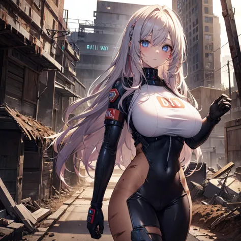 virtual sexy girl, Post-apocalyptic, End of the World, android girl, Heterochromatic eyes, Odd eyes, Barcode, LUCIA-09, bodysuit, (((super big breasts))), machine hair, bare hands, (((Dirt-colored hair)))