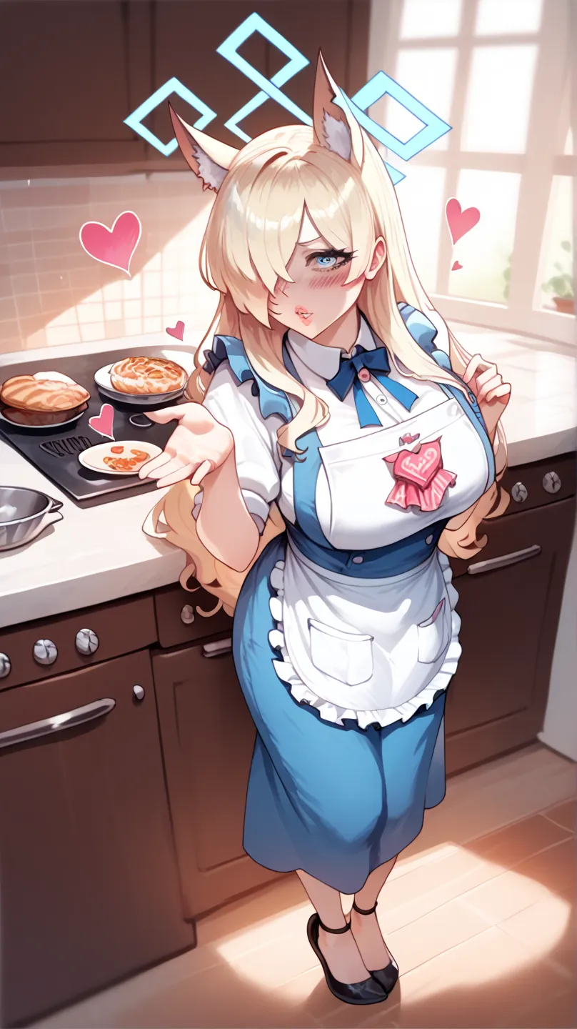 score_9, score_8_up, score_7_up, 1girl,wife, petite, kitchen, dine, apron, housewife attire, heart, cute, blushing, (detailed), (sfw), blowing kiss, full body, lips, KannaBA, animal ears, sharp teeth, long hair, hair over one eye, blue halo