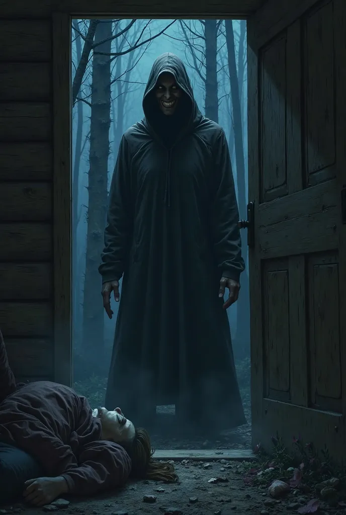 A tall, hooded figure at the door of the cabin,  with a threatening posture .  hidden face in shadows, but with a sinister smile. behind, the dark forest and Lucas unconscious on the ground.  style:  dark realism , cool colors, focus on the mysterious figu...