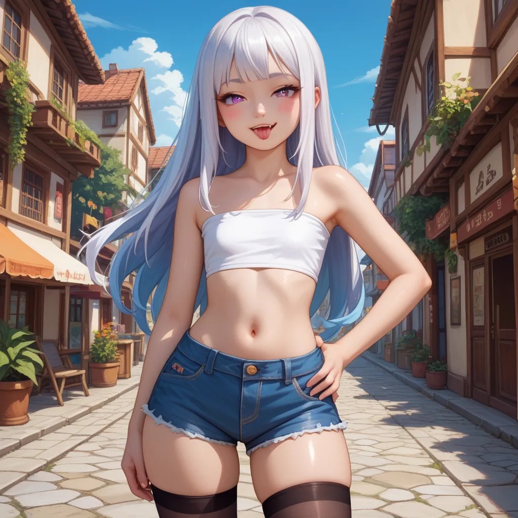 score_9,score_8_up,score_7_up,score_6_up, tera elin, young girl, cute face, kawaii face, young face, 1girl,solo,looking at viewer, long hair, white hair, tube top, short shorts, thigh highs, shiny clothes, cowboy shot, standing, hand on hip, skin indentati...