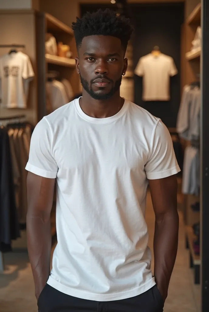 A premium cotton t-shirt being worn by a stylish black model in a sophisticated urban environment. The t-shirt has an impeccable fit, soft fabric and high-quality finish. The lighting highlights the texture of cotton. The setting is modern , with backgroun...