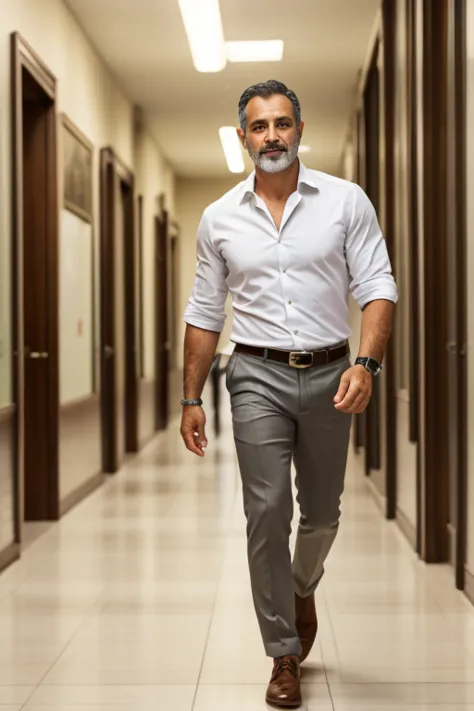 Professor Martín Salazar, 45 years old, handsome and attractive, athletic build. Dark brown hair, with subtle silver threads at the temples, neatly trimmed beard, green eyes, he wears a fitted white shirt, dark dress pants and well polished leather shoes, ...