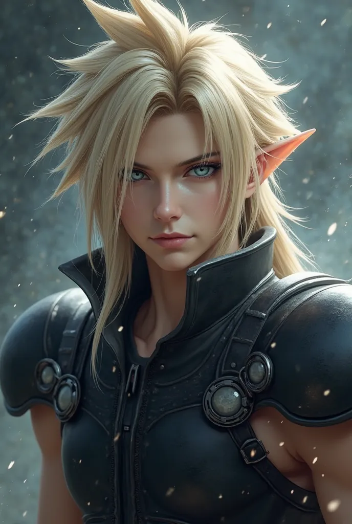 Final Fantasy VII，Cloud Strife,Cloud's Hairstyle 、Light-pigmented skin、Sparkling blue eyes、blond with a big face、 thin lips、Thin jaw、white long lashes 、 white eyebrows、exposed abdomen,Beautiful、 neutral、beautiful face、hero、Silvery long hair、greatest master...