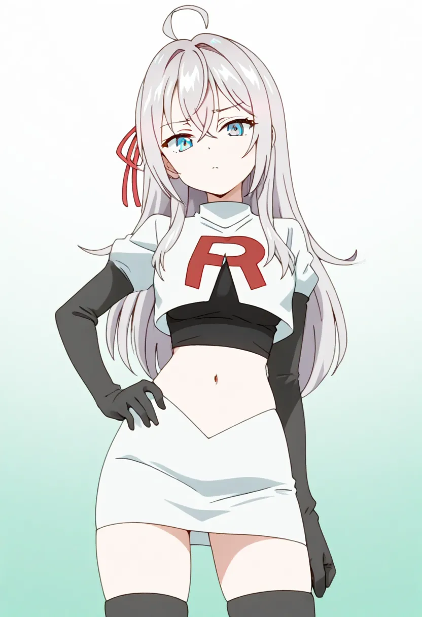 masterpiece, best quality, amazing quality,
1girl, solo, looking at viewer, gradient background, 
long hair, silver hair, ahoge, crossed bangs, red hair ribbon, sidelocks, blue eyes,
team rocket,team rocket uniform,white skirt,red letter R,crop top,black t...