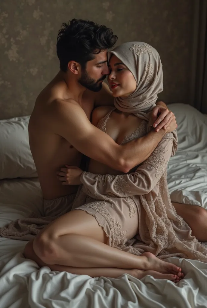 A hijab  woman having sex with man on their bed