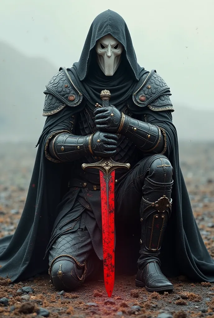 I want his armor to be completely black with a red sword, and his face covered with a white mask, standing on his knees, and his gloves red

