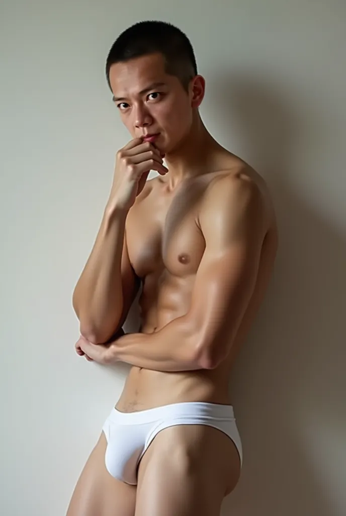 Naked Asian young man white and pale, with a big butt and muscular, buzz cut hairstyles, very short hair, his hand on his lips, wear white thong, sexy, hot man, look forward, eyes contact,