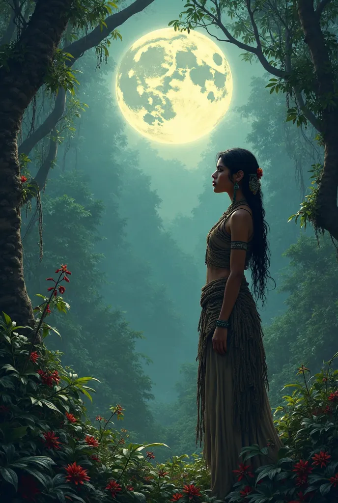 A Colombian Indian woman in a forest and the moon in the background 