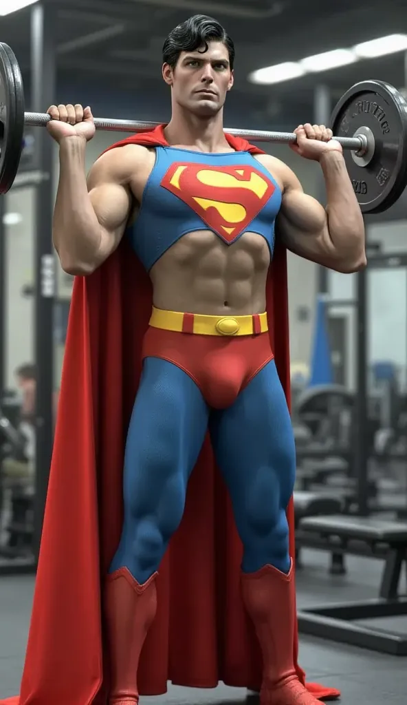 Superman Raises Barbell in Gym,( Think of Superman's black undercut haircut , blue leggings and red cape and red boots and red panties) 
