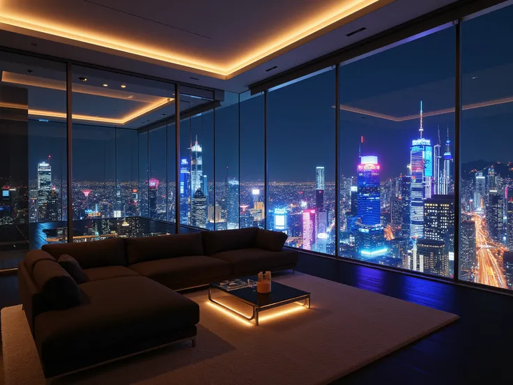 Ultra-realistic interior shot of a luxurious modern living room at night, captured from a diagonal angle that emphasizes the depth and spaciousness of the space. The room features floor-to-ceiling glass walls, offering a breathtaking panoramic view of a vi...