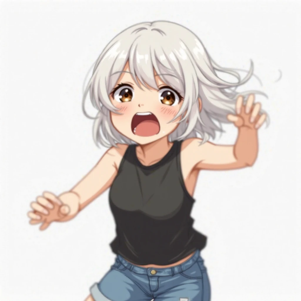 A white anime girl with a white hair, brown eyes, black shirt without sleeves and a shorts jeans screaming