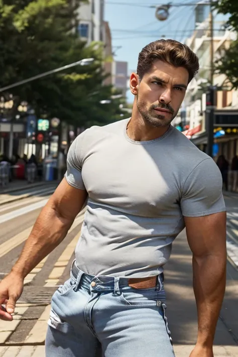 Marcos Chacón 55 years old, very handsome, angular and defined face, marked jaws, healthy tanned skin, slightly reddened, straight nose, thin lips, short hair, predominantly gray, sides slightly shorter than the top, imposing and muscular physique, broad a...