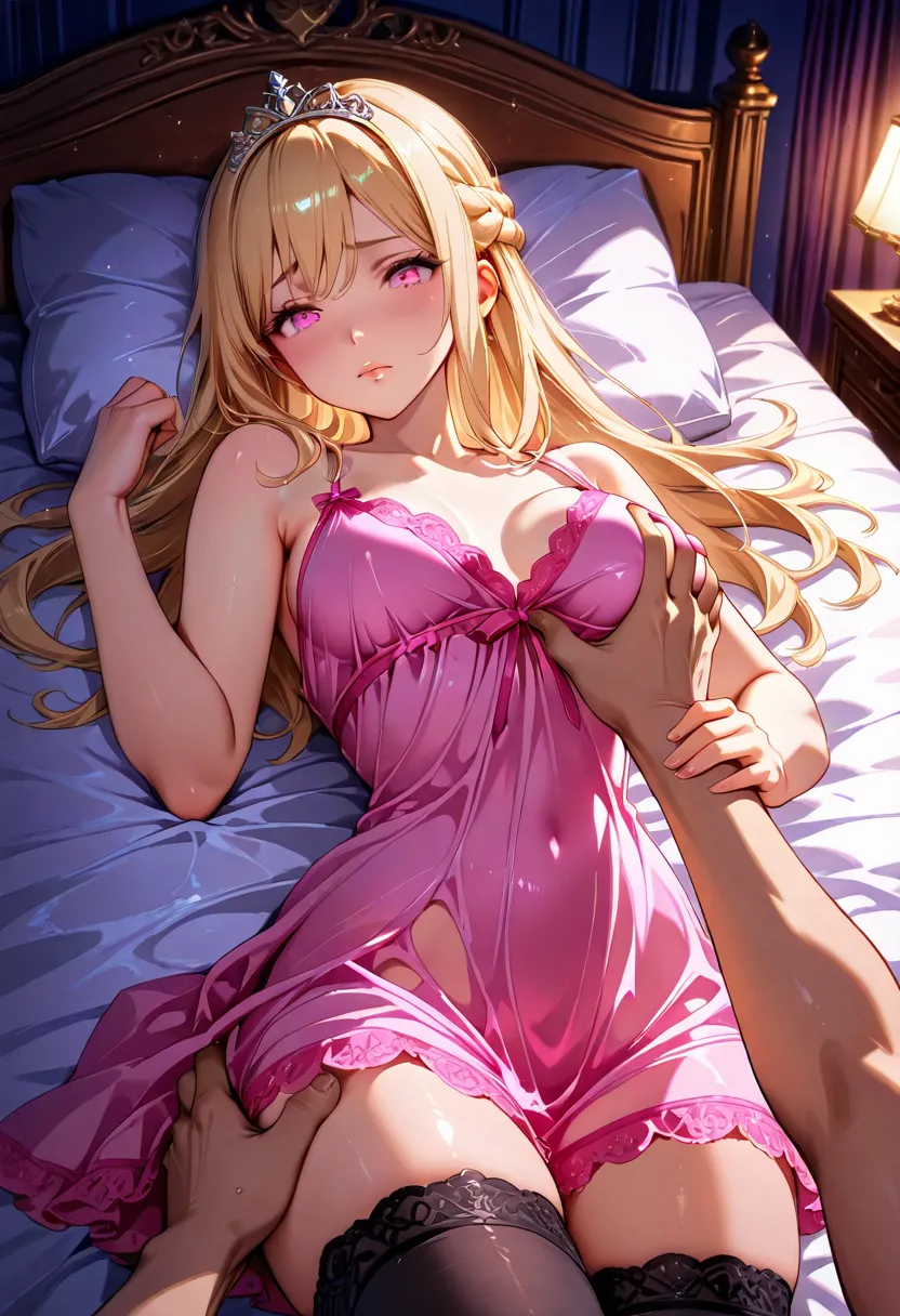 princess tiara, black thigh highs, pink nightgown, sexy pose, royal bedroom, night time, beautiful lighting, nsfw, long blonde hair, french braid, sleeveless, pink eyes, medium breasts, mature, detailed lips, laying on bed, on back, lusty expression, man's...