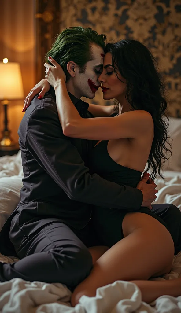 Joker is kissing a hot russian woman wearing Black unbottom dress, on bed inside a hotel room 