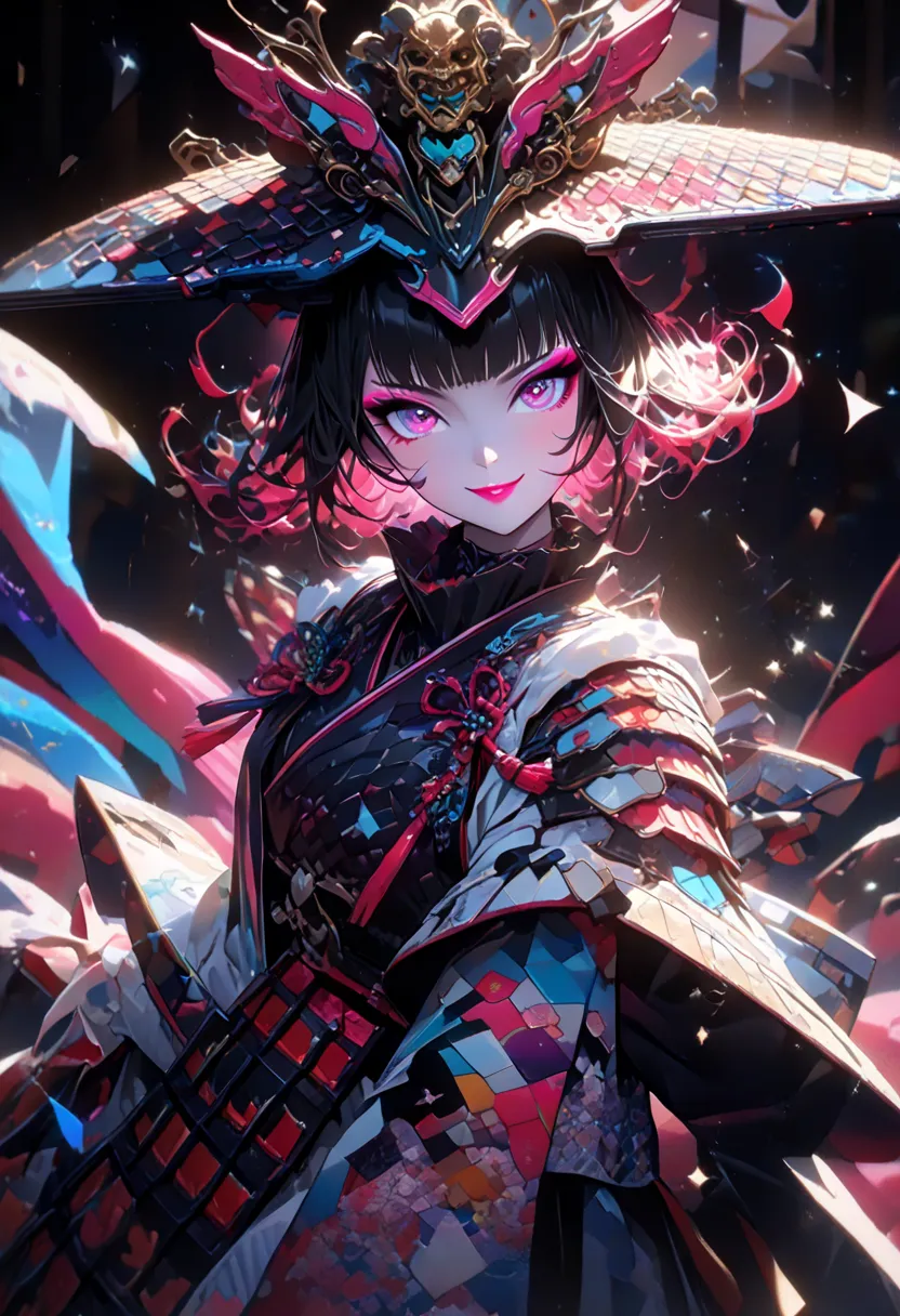 ((Cute girl, samurai, Japanese armor, cute, sexy pose, smiling, posing in avant-garde avant-garde style. Exuding confidence and elegance in edgy Japanese armor, bold pattern, dramatic hat. The makeup is striking and sophisticated, with heavy eyeshadow and ...